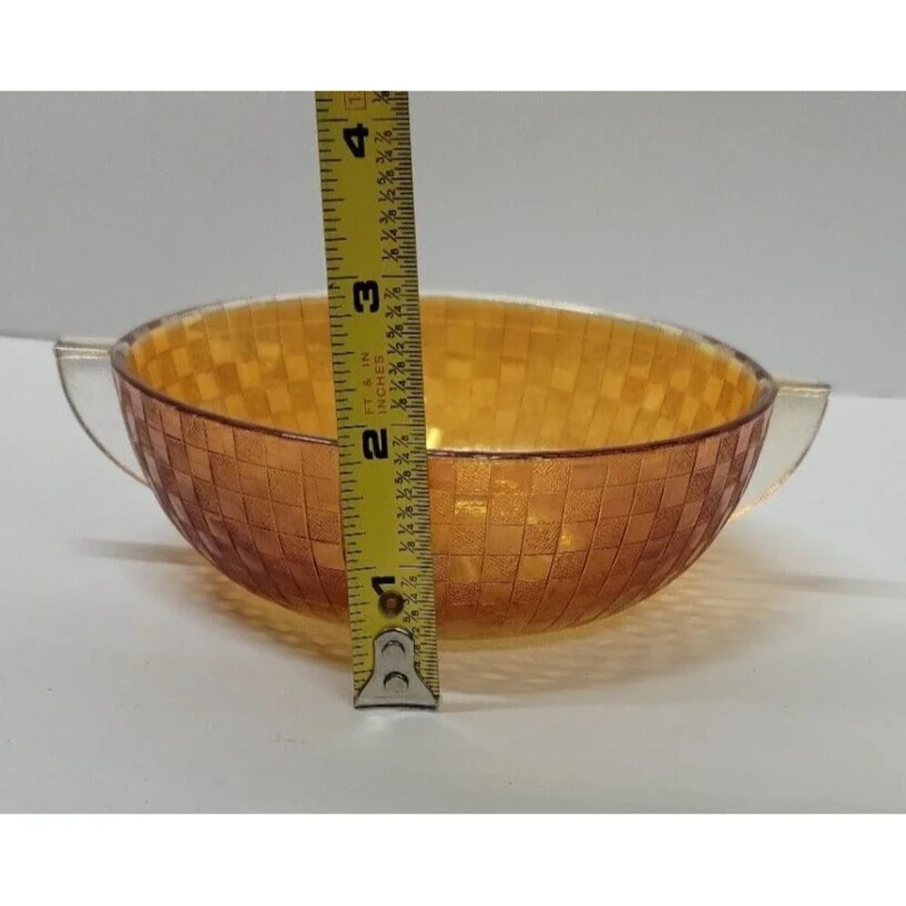 Iridescent checkered patterned depression glass bowl w 2 handles